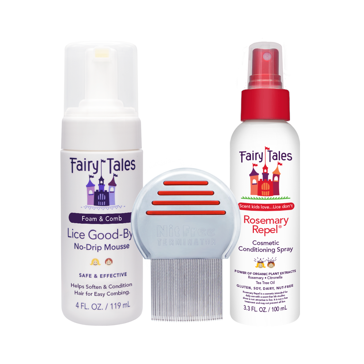 Fairy Tales lice removal kit for kids with no-drip mousse, rosemary conditioning spray, and fine-tooth comb