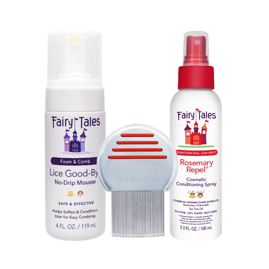 Fairy Tales lice removal kit for kids with no-drip mousse, rosemary conditioning spray, and fine-tooth comb