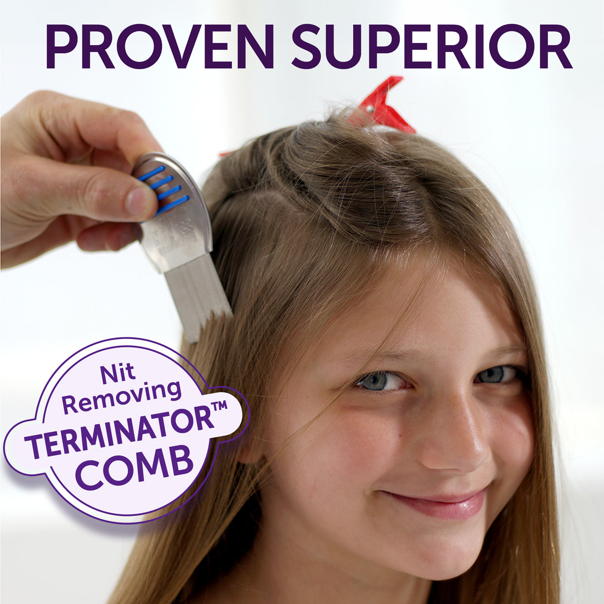 Fairy Tales lice removal kit for kids showing a nit removing Terminator comb used on a smiling child's hair