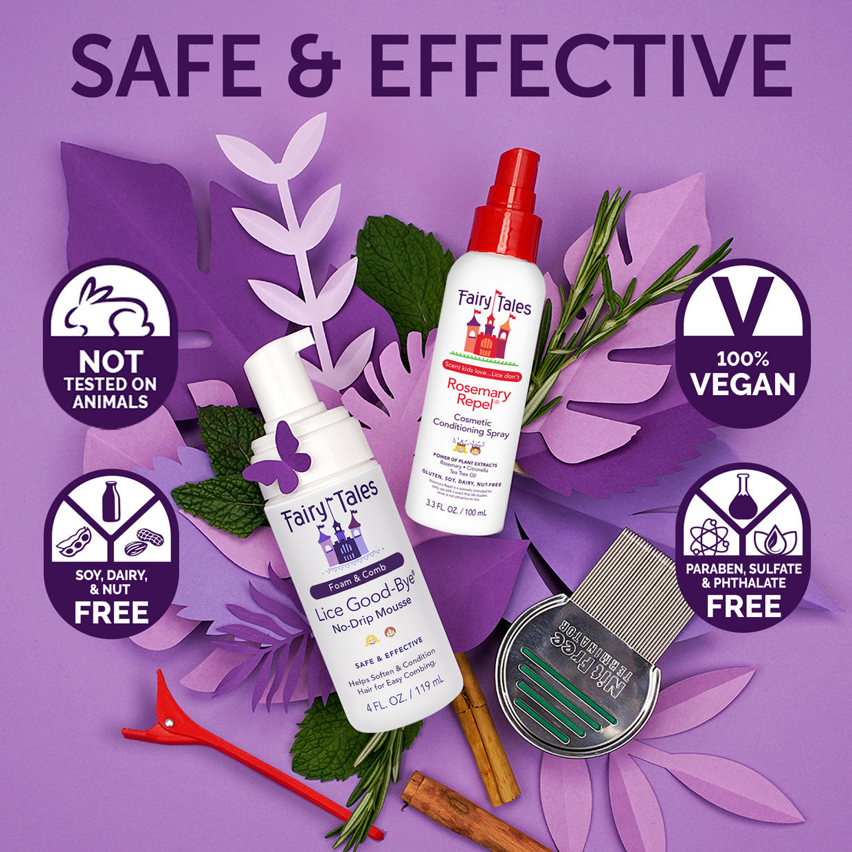 Fairy Tales lice removal kit for kids including no-drip mousse, rosemary repel spray, and metal lice comb on purple background