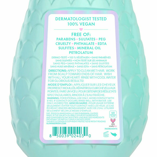 Glimmer Wish Mermaid Conditioner in a teal bottle, dermatologist tested and vegan, free from sulfates and parabens