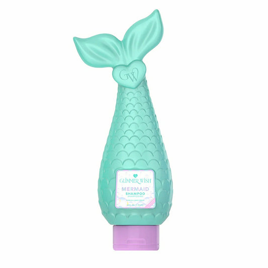 Glimmer Wish Mermaid Shampoo in a turquoise bottle shaped like a mermaid tail for vibrant hair care