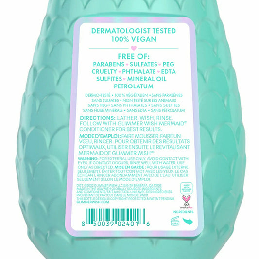 Glimmer Wish Mermaid Shampoo bottle featuring a turquoise design, cruelty-free and vegan formulation