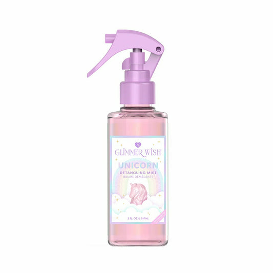 Glimmer Wish Unicorn Detangling Spray for Kids in a clear bottle with a lavender spray nozzle