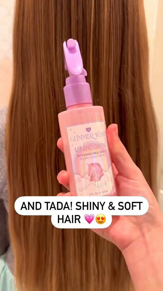 Glimmer Wish unicorn detangling spray for kids in hand with shiny, soft hair in background