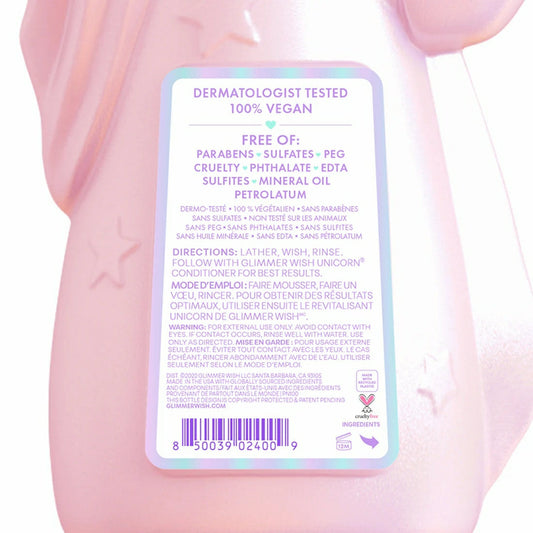Glimmer Wish Unicorn Shampoo for Kids in a pink bottle, free from harsh chemicals and cruelty free