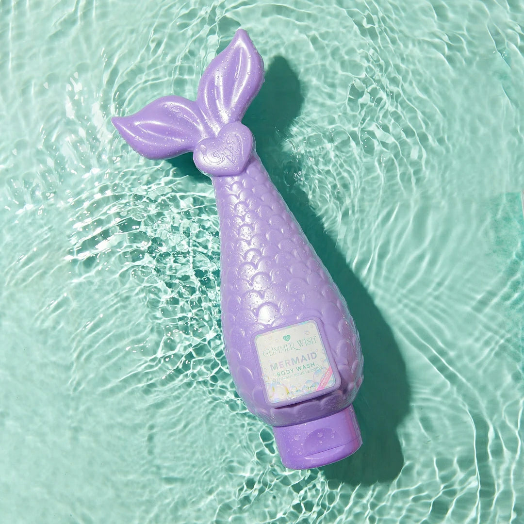 Glimmer Wish Mermaid Body Wash for Kids in a cute tail-shaped bottle with vibrant purple color