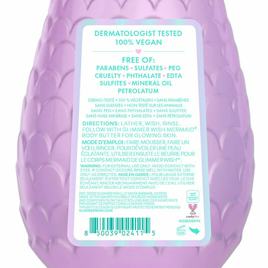 Glimmer Wish Mermaid Body Wash for Kids in a purple bottle, dermatologist tested and 100% vegan formula.