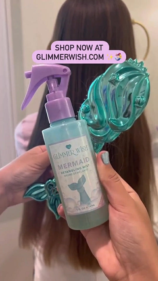 Glimmer Wish Mermaid Detangling Spray with a stylish detangling brush for smooth hair