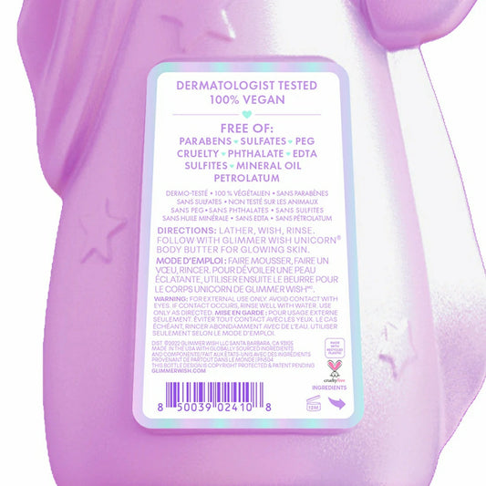 Glimmer Wish Unicorn Body Wash for Kids in a fun unicorn-shaped bottle, gentle and vegan formula