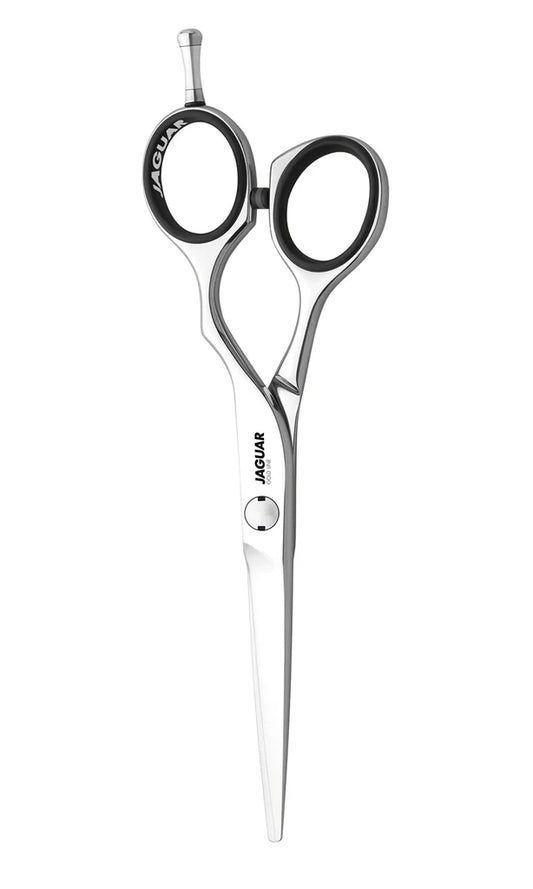 Jaguar Gold Line Diamond E 5.5 inch shears. Professional silver hair cutting shears with black finger inserts