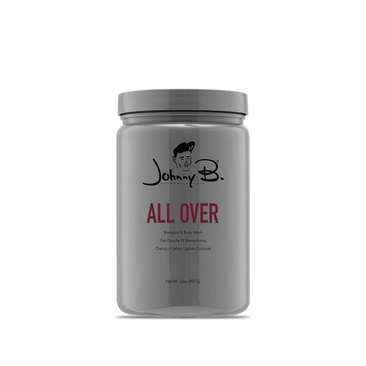 Johnny B. All Over Shampoo and Body Wash in a gray bottle for a refreshing shower experience