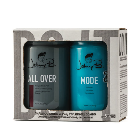Johnny B Do It Duo set featuring All Over Shampoo and Mode Styling Gel for versatile grooming