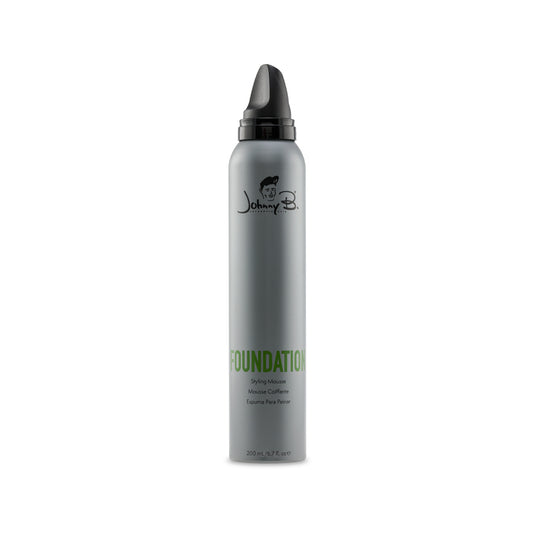 Johnny B Foundation Styling Mousse in a sleek gray can for volume and hold in hair styling