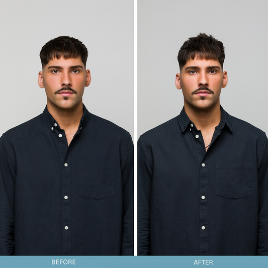 Before and after photos showing hair transformation using Johnny B Hold Up Hair Powder for volume and style