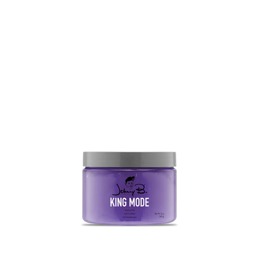 Johnny B King Mode hair gel in a purple jar for strong hold and styling control