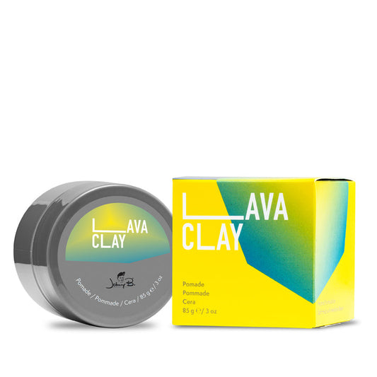 Johnny B Lava Clay Pomade in a gray jar with vibrant yellow box for versatile hair styling