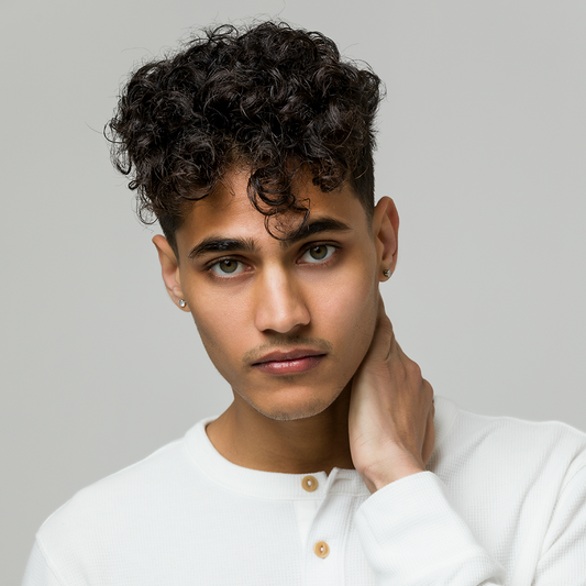 Model showcasing styled hair using Johnny B Lava Clay Pomade for textured and defined look