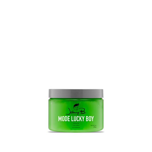 Johnny B Mode Lucky Boy Gel in a green jar for styling and holding hair with a strong grip