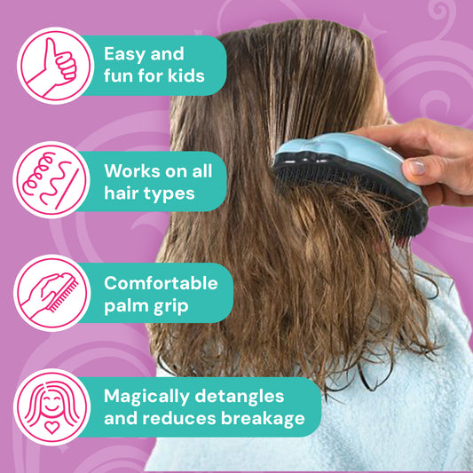 Knot Genie detangling brush set for kids with comfortable palm grip, suitable for all hair types