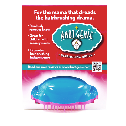 Knot Genie detangling brush set in blue with pink features for painlessly removing knots