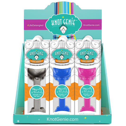 Knot Genie detangling brush set featuring three colorful brushes for easy hair detangling