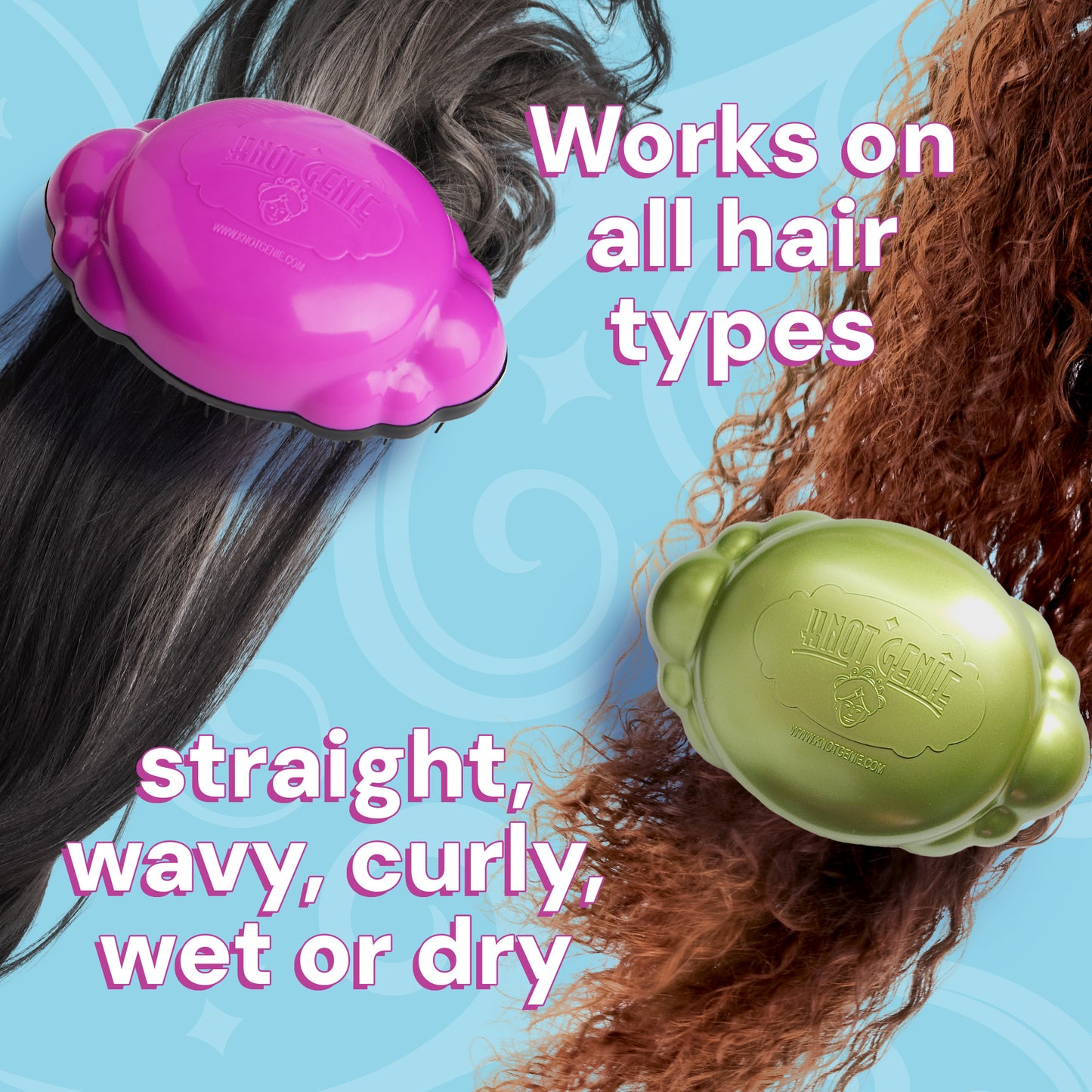 Knot Genie detangling brush in pink designed for all hair types, effective on straight, wavy, curly, wet, or dry hair