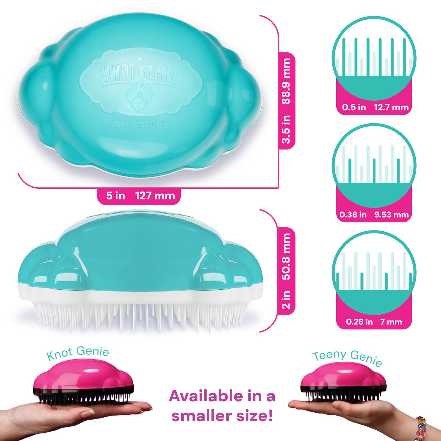 Knot Genie Teeny Genie detangling brush in teal with ergonomic design for easy hair detangling
