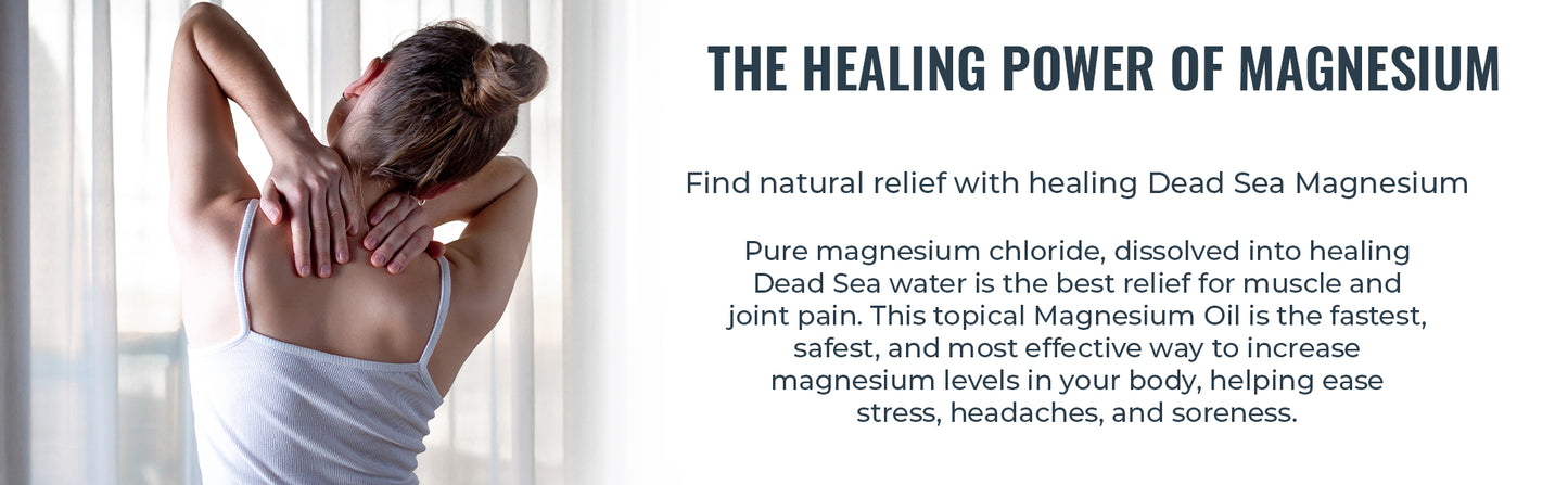 A woman with her hair in a bun massages her neck and shoulders. Text promotes Natural Elephant Dead Sea Magnesium Oil Spray for muscle and joint pain relief, stress, headaches, soreness, and skin support.