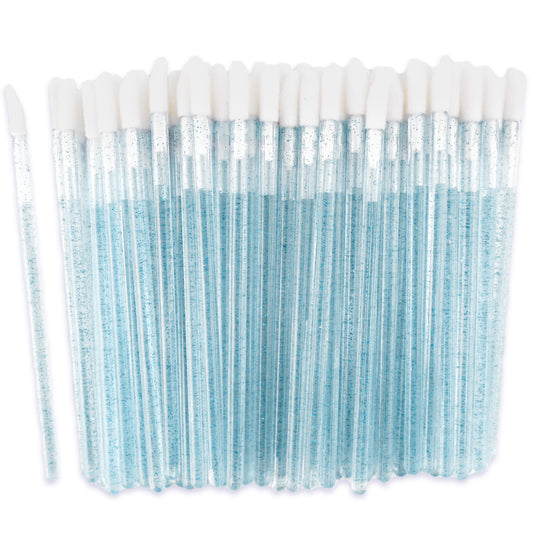 Apothie Disposable Lip Applicator Wands 100 ct feature clear blue handles, arranged in a row with one separated for display—perfect for precise, hygienic makeup application.
