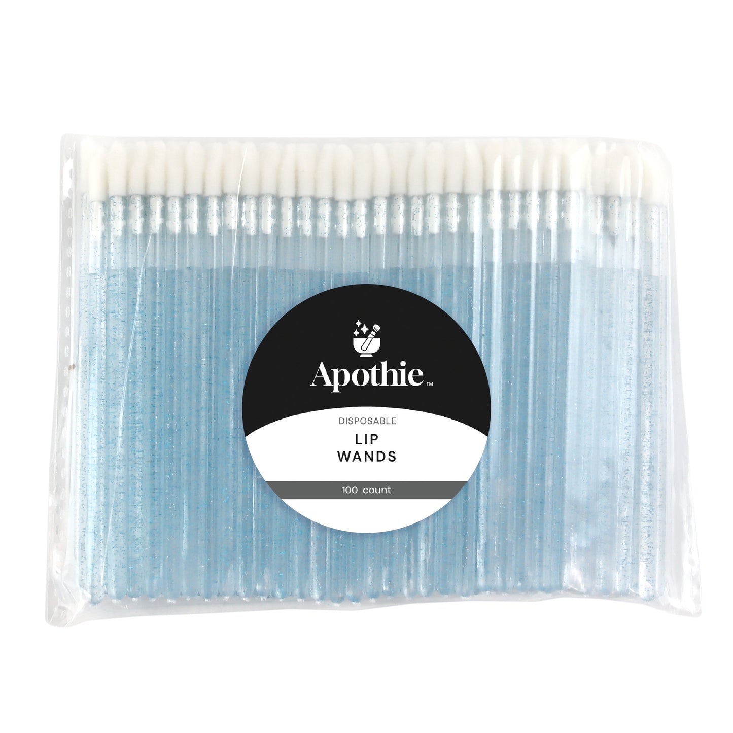 The Apothie Disposable Lip Applicator Wands 100 ct come in a clear plastic pouch and feature blue handles with white cotton tips, perfect for precise makeup application.