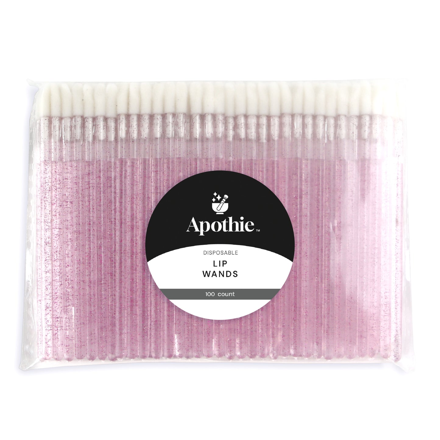 A clear plastic bag contains 100 pink Apothie Disposable Lip Applicator Wands with white tips and a round black-and-white label—ideal for precise makeup application.