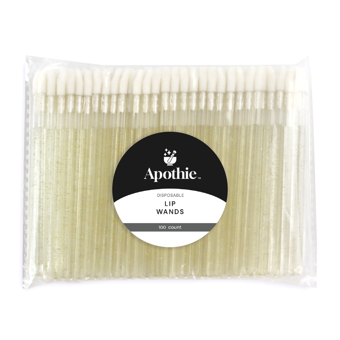 A clear plastic bag holds 100 Apothie Disposable Lip Applicator Wands with white sponge tips—perfect for precise makeup and hygienic application.