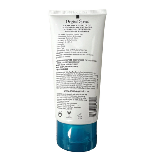 Back view of Original Sprout Classic Hair Gel tube showcasing ingredients and product details