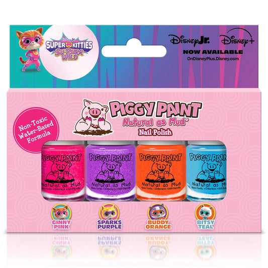 Piggy Paint kids non-toxic nail polish set with pink, purple, orange, and teal colors in water-based formula