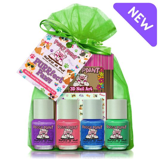 Piggy Paint kids non-toxic nail polish set in a colorful gift bag with 3D nail art kit included