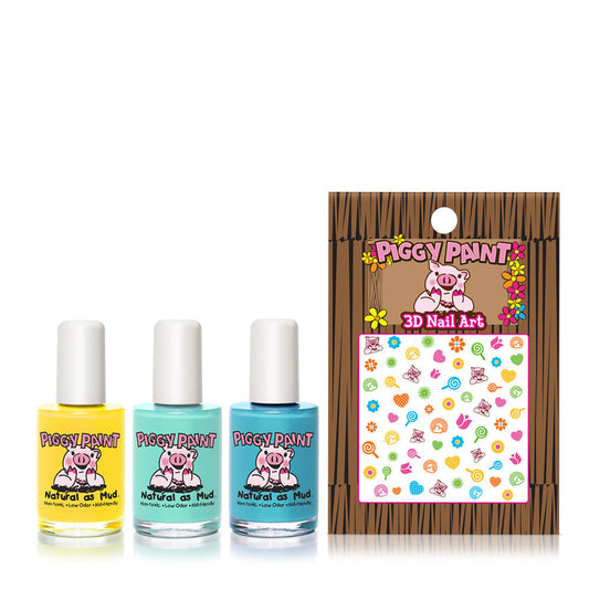 Piggy Paint non-toxic kids nail polish set featuring yellow, blue, and green shades with 3D nail art stickers
