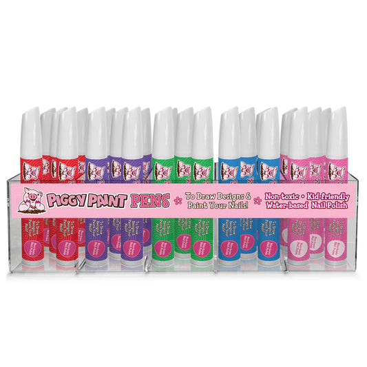 Display of Piggy Paint pen polishes in various colors for drawing designs and painting nails
