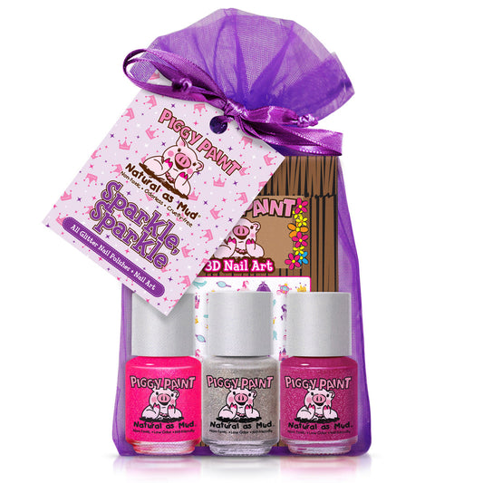 Piggy Paint Sparkle nail polish set in a gift bag with three vibrant colors and 3D nail art accessories