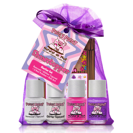 Piggy Paint starter set with base coat, top coat, and glitter for safe, fun nail art