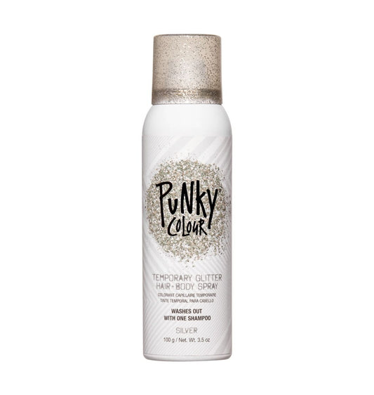 Punky Colour Silver Hair Glitter Spray for temporary sparkle on hair and body, easy to wash out