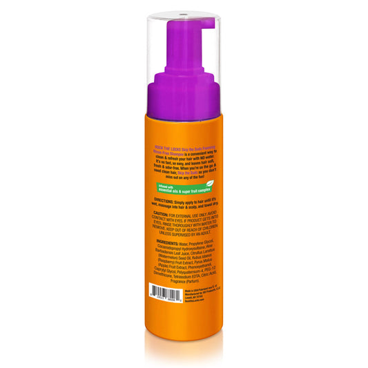 Rock The Locks Rinse-Free Foaming Shampoo in an orange bottle with a purple pump for quick hair cleansing