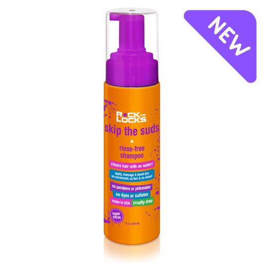 Rock The Locks rinse-free foaming shampoo in vibrant packaging for quick and easy hair cleaning