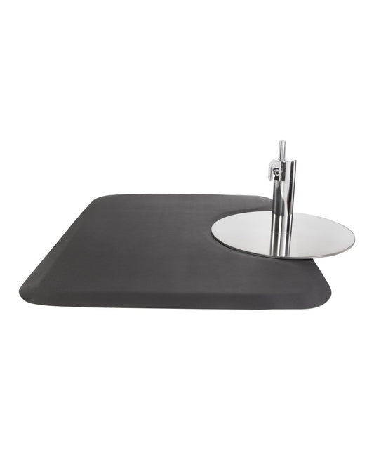 Black anti fatigue comfort standing mat for salons with round cutout to fit salon chair base