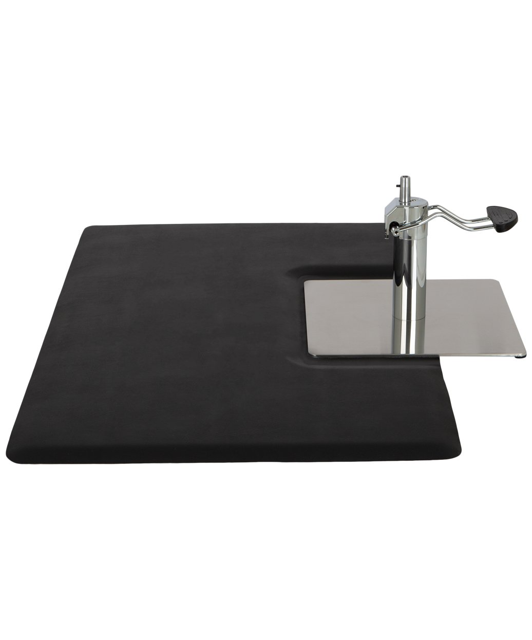 Buy Rite black salon anti fatigue mat with cut out around chrome chair base and cushioned surface