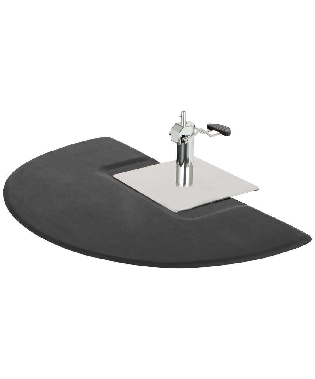 Buy-Rite black salon anti-fatigue mat with square cut-out around salon chair hydraulic base semicircular cushioned mat