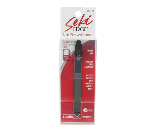 Seki Edge Nail File with Cuticle Pusher, travel size with medium grit abrasive for nail care