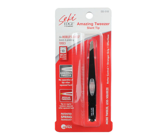 Seki Edge slant tip tweezer in packaging designed for precision eyebrow shaping