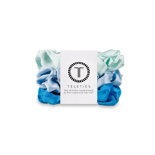 Teleties silk hair scrunchies for women in shades of blue and mint, perfect for stylish hair ties