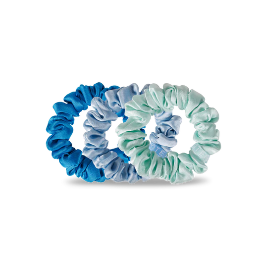 Teleties silk hair scrunchies for women in blue and mint colors, perfect for stylish hair accessories